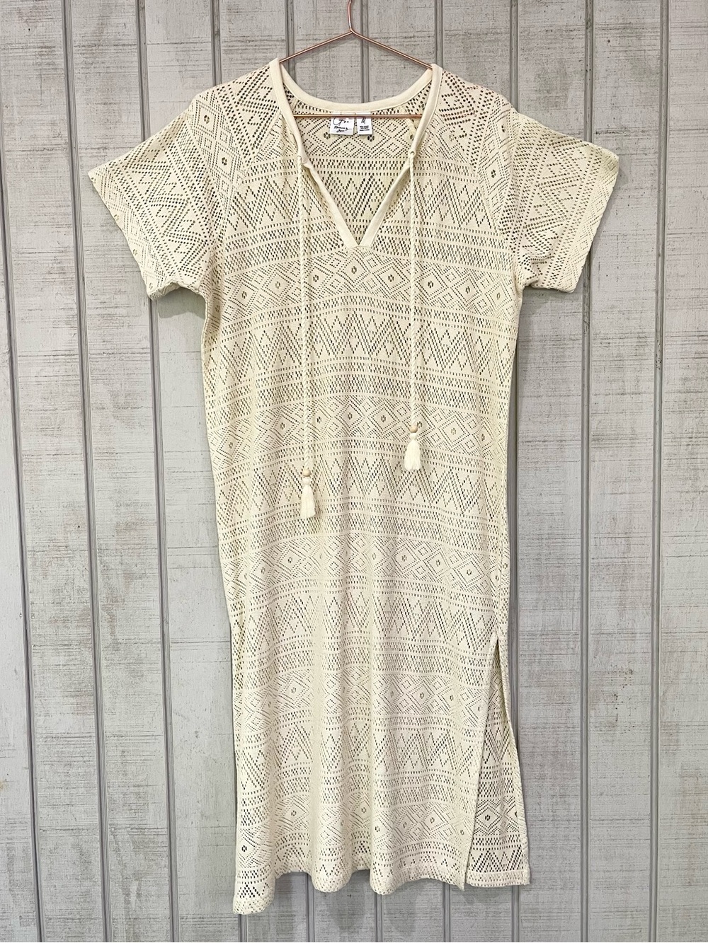 Japna Cream Crochet V Neck Short Sleeve Beach Cover Up Medium NWOT Resortwear